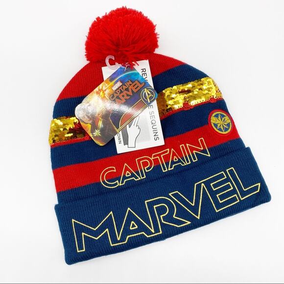 NEW‎ Captain Marvel Knit Hat Cap Beanie Red Blue Reversible Sequin Youth OS - Picture 1 of 4